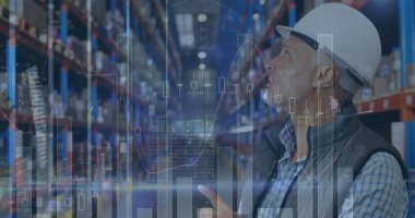 Depoda çalışan adamın istatistik ve mali veri işleme görüntüsü. küresel gönderim ve bağlantılar konsepti dijital olarak oluşturulmuş görüntü.