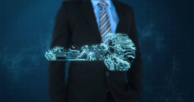 Takım elbiseli bir işadamı dijital anahtar hologramıyla siber güvenliği sembolize ediyor. teknoloji, koruma, veri, çevrimiçi, sanal, ağ