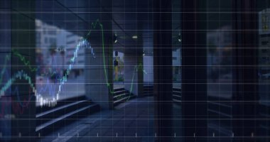 Modern bina ve şehir manzarası üzerinde finansal veri işleme resmi. küresel finansman, iş ve veri işleme kavramı dijital olarak oluşturulmuş görüntü.