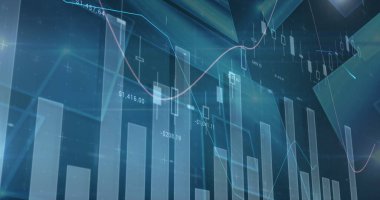 Image of statistics and data processing on blue background. global business, digital interface and technology concept digitally generated image.