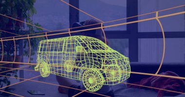 Evde VR kulaklık takan bir kadının üzerine 3 boyutlu teknik bir minibüs çizimi. teknoloji, tasarım ve dijital arayüz kavramı dijital olarak oluşturulmuş görüntü.
