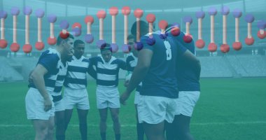 Rugby oyuncuları üzerinde DNA ipliği. global spor, teknoloji, dijital arayüz ve bağlantılar konsepti dijital olarak oluşturulmuş görüntü.