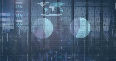 Ofiste yürüyen iş adamlarının finansal veri işleme görüntüsü. küresel finans, iş ve dijital arayüz kavramı dijital olarak oluşturulmuş görüntü.