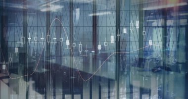 Ofiste yürüyen iş adamlarının finansal veri işleme görüntüsü. küresel finans, iş ve dijital arayüz kavramı dijital olarak oluşturulmuş görüntü.