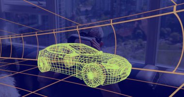 Evde VR kulaklık takan bir adamın üzerine üç boyutlu teknik bir araba çizimi. teknoloji, tasarım ve dijital arayüz kavramı dijital olarak oluşturulmuş görüntü.