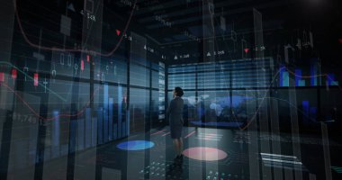 Ofisteki iş kadınının mali veri işleme görüntüsü. küresel finansman, iş dünyası, dijital arayüz ve dijital olarak üretilen görüntü konsepti.