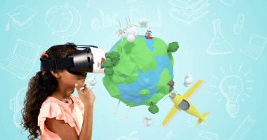 Sanal gerçekliği VR kulaklıkla keşfeden, etkileşimli 3 boyutlu dünyayla etkileşime giren bir çocuk. teknoloji, yenilik, sürükleyici, fütüristik, oyun, dijital