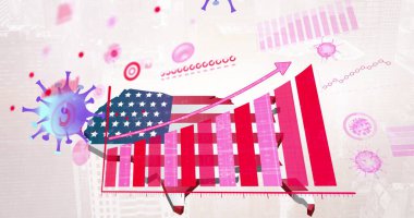 Amerikan bayrağı üzerinde virüs simgeleriyle veri işleme görüntüsü. Vatanseverlik ve kutlama konsepti dijital olarak oluşturulmuş imaj.