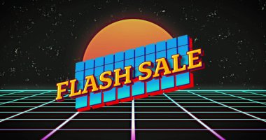 Flash sale text on abstract shapes over grid network and orange round banner on black background. sale discount and retail business concept