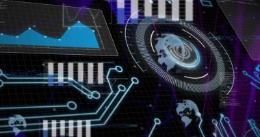 Arayüzdeki tarama ve veri işleme görüntüsü. dijital arayüz, iletişim ve teknoloji konsepti dijital olarak oluşturulmuş görüntü.