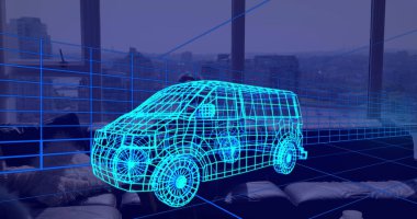 Evde VR kulaklık takan bir adamın üzerine 3 boyutlu teknik bir minibüs çizimi. teknoloji, tasarım ve dijital arayüz kavramı dijital olarak oluşturulmuş görüntü.