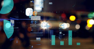 Şehir merkezinin dışında istatistik işleme görüntüsü. business, data işleme, bağlantı, teknoloji ve dijital arayüz kavramı dijital olarak oluşturuldu.