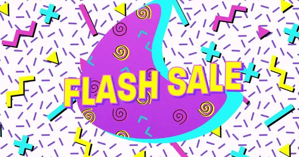Mor pankarttaki flaş satışı metni beyaz arkaplanda soyut renkli şekillere karşı. satış indirimi ve perakende iş konsepti