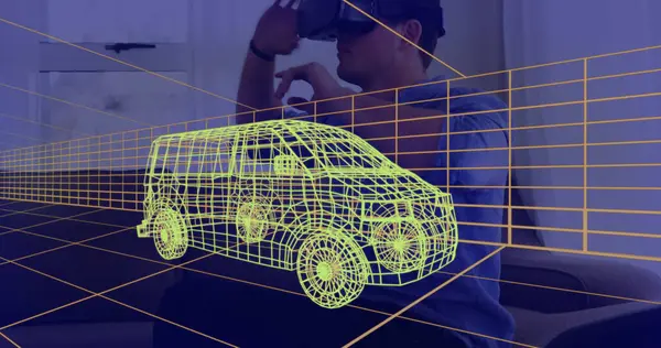 Evde VR kulaklık takan bir adamın üzerine 3 boyutlu teknik bir minibüs çizimi. teknoloji, tasarım ve dijital arayüz kavramı dijital olarak oluşturulmuş görüntü.