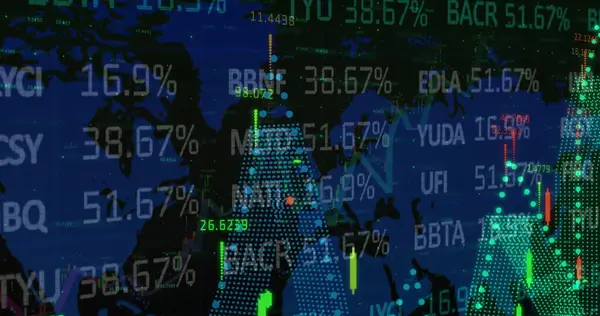 İstatistiklerin ve sayıların resmi, dünya haritası üzerinde finansal veri işleme. küresel finansman, iş dünyası, dijital arayüz ve dijital olarak üretilen görüntü konsepti.