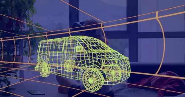 Evde VR kulaklık takan bir kadının üzerine 3 boyutlu teknik bir minibüs çizimi. teknoloji, tasarım ve dijital arayüz kavramı dijital olarak oluşturulmuş görüntü.