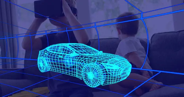VR kulaklık takan çocuğun üzerinde üç boyutlu teknik bir araba resmi. teknoloji, tasarım ve dijital arayüz kavramı dijital olarak oluşturulmuş görüntü.
