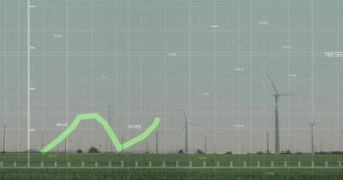 Çevredeki rüzgar türbinlerinin üzerinde yeşil enerji veri grafiği gösteriliyor. Sürdürülebilirlik, yenilenebilirlik, çevre, rüzgar gücü, bilgi, istatistik