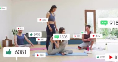 Yoga pratiği, animasyon sahnesindeki sosyal medya bildirimleri yüzünden dikkatleri dağılan insanlar. Farkındalık, dikkat dağıtma, teknoloji, rahatlama, egzersiz