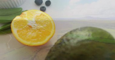 Avokado ve portakallı tahıl ve tohumlarla sağlıklı gıda animasyonu yaratıyor. Beslenme, diyet, süper yemek, organik, taze, vegan