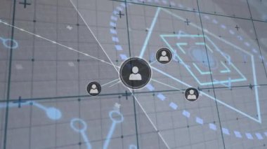 Dijital ızgara üzerinde geometrik desenlerle bağlı kullanıcı simgelerinin animasyonu. Ağ, bağlantı, teknoloji, gelecek, iletişim, soyut