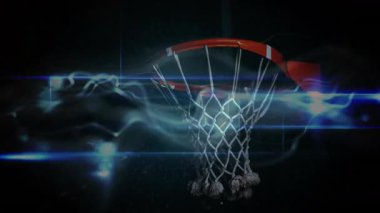 Animasyon ve karanlık ortamda dinamik ışık efektleriyle parlayan basketbol çemberi. neon, spor, canlı, aydınlatma, basketbol sahası, heyecan verici.