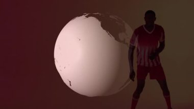 Kıtaları vurgulayan dönen dünya üzerinde futbolcu siluetinin animasyonu. Futbol, atlet, hareket, küresel, hareket, spor