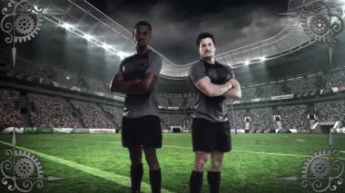 Aydınlatılmış stadyumda, iki futbolcu güvenli bir şekilde sahada duruyor. Futbol, takım çalışması, sporcular, yarışma, kararlılık, sportmenlik