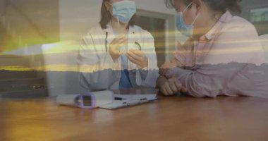 Hastayla konuşmak, ofiste sağlık uzmanı, huzurlu manzara animasyonu. danışmanlık, pratisyen, gevşetici, tartışma, doğa, iyileştirme