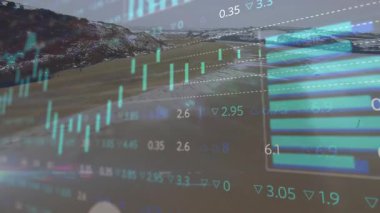 Finansal veriler ve borsa grafikleri kıyı manzarasının animasyonunu gösteriyor. Finans, yatırım, teknoloji, analitik, ekonomi, büyüme