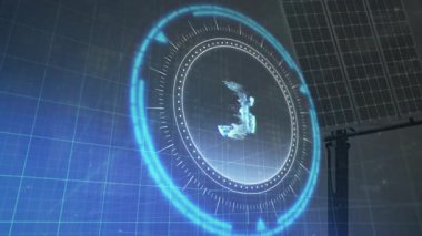 Mavi ızgara arka planlı gelecekçi dijital arayüz HAC metninin animasyonu. Teknoloji, tasarım, düzen