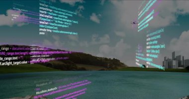 Huzurlu göl ve orman manzarası üzerinde yüzen renkli programlama kodlarının animasyonu. Teknoloji, dijital, yenilik, kodlama, yazılım, doğa