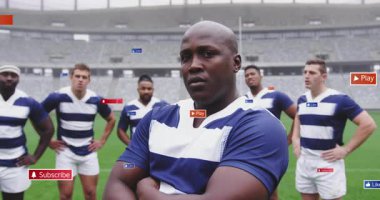 Rugby oyuncuları sahada üstlerini kapatan dijital oyun düğmelerinin animasyonuyla. Sporcular, takım çalışması, strateji, teknoloji, yenilik, sportmenlik