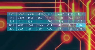 Parlayan çizgiler üzerindeki veri tablosundaki numaralar ve animasyondaki dijital devre arkaplanı. Teknoloji, fütürist, ağ, siber, elektronik, bilgi