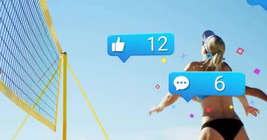 Sosyal medya ikonlarıyla plaj voleybolcularının beğenilerini gösteren animasyonları. Spor, takım çalışması, dijital, atlet, boş zaman, trend