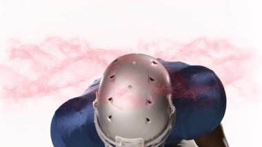 Animasyonda, kırmızı arka planda mavi formalı ve kasklı Amerikalı futbolcu. Spor, atlet, yarışma, üniforma, takım, aksiyon