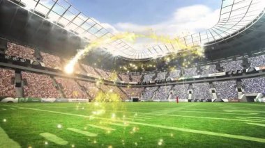 Futbol stadyumunda sahada hareket eden parlak ışık izlerinin animasyonu. Spor, gece, kutlama, hareket, dinamik, eğlence