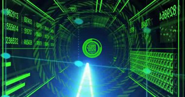 Parlak yeşil sayılar ve veri projeksiyonları dijital tünelde animasyon yaratıyor. Gelecekçi, sanal, teknoloji, matris, siber uzay