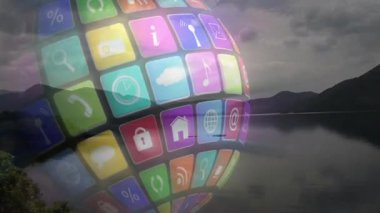 Renkli uygulama simgelerinin animasyonu, göl ve dağ manzarasının üzerindeki dünya. Teknoloji, yenilik, uygulama geliştirme, dijital, doğa, bağlantı