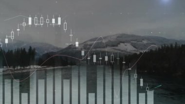 Serin dağ manzarasının finansal veri tabloları ve grafikleri. Finans, veri görselleştirme, analitik, büyüme, doğa, yatırım