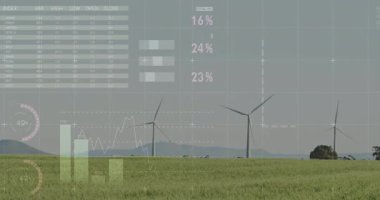 Alanda, animasyon eşleşmeli rüzgar türbinleri test veri yüzdelerini gösteriyor. Yenilenebilir enerji, sürdürülebilirlik, yenilik, çevre, teknoloji