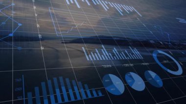 Okul sunumunda kıyı manzarasını kaplayan grafik ve grafiklerin animasyonu. Finans, veri görselleştirme, analitik, eğitim, iş