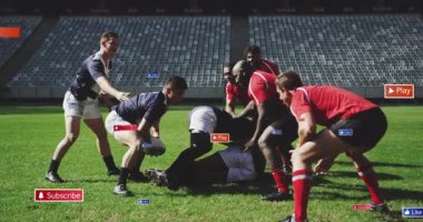 Rugby oyuncuları sahada dijital oyun animasyonlarıyla mücadele ediyor ve üyelik düğmelerine basıyorlar. Spor, rekabet, takım çalışması, atletizm, strateji, mücadele