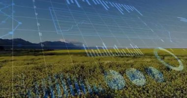 Grafik ve veri görselleştirmesi dağlarla ve tarlalarla manzaralı bir arazide. analitik, istatistik, bilgi, doğa, teknoloji, çevre