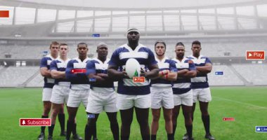 Sahada duruyor, rugby takımı dijital oyun animasyonuyla ve abone düğmeleriyle. takım çalışması, spor, strateji, rekabet, oyuncular, oyun