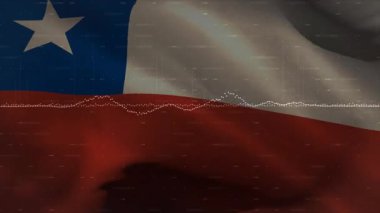 Arka planda dijital veri işleme animasyonuyla Şili bayrağı sallamak. Vatanseverlik, teknoloji, yenilik, analitik, hareket, fütüristik