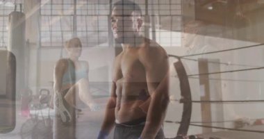 Spor salonunda egzersiz yapmak, endüstriyel pencere ve ekipman animasyonuyla çeşitli insanlar. Fitness, egzersiz, eğitim, çeşitlilik, topluluk, egzersiz