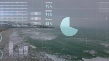 Grafikler ve dünya haritasıyla kıyı manzarasında veri canlandırma animasyonu. Analiz, istatistik, bilgi grafikleri, teknoloji, haritalama, çevre