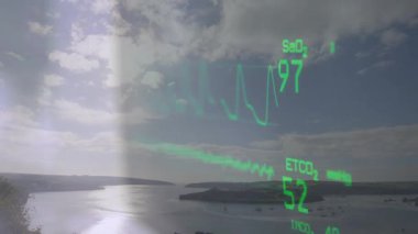 Sahil boyunca oksijen ve karbondioksit seviyelerini gösteren tıbbi verilerin animasyonu. Sağlık, görselleştirme, teknoloji, çevre, dijital
