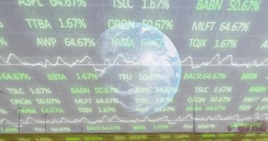 Finansal verileri ve borsa grafikleriyle rüzgar türbinlerinin animasyonu. Sürdürülebilirlik, yenilenebilirlik, enerji, finans, yatırım, küresel